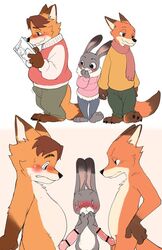 animal_genitalia animal_penis balls blush bulge canine canine_penis censored clothing comparing comparing_penis disney duo embarrassed erection female fox gideon_grey judy_hopps lagomorph male mammal manmosu_marimo nick_wilde nude penis rabbit scarf simple_background slightly_chubby sweater winter_jacket zootopia