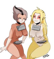 2girls areolae blonde_hair branded branding_mark breasts cheetara feline female large_breasts multicolored_hair multiple_girls nipples nude older_female plate pointy_ears sex_slave sign slave thundercats two-tone_hair wilykit younger_female