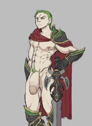 abs armor bara brave_frontier circumcised circumcision_scar cloak flaccid gloves green_hair huge_cock human lugina_(brave_frontier) male male_only muscular nipple_piercing penis simple_background solo sword zenpei