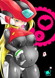 1girls big_breasts bliss_zero bloated_belly blonde_hair blue_eyes breasts female heart-shaped_pupils lactation large_breasts mega_man mega_man_zero pregnant pussy_juice ready_to_pop rule_63 shirt_lift tagme zero_(mega_man)