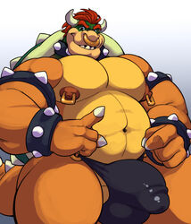 2018 analon_(artist) anthro balls belly bowser bulge choker claws clothing facial_piercing hair hi_res humanoid_penis koopa looking_at_viewer male male_only mario_(series) muscular muscular_male navel nintendo nipple_piercing nipples nose_piercing pecs penis penis_outline piercing red_hair scalie shell smile solo spiked_shell spiked_tail spikes toomanyboners video_games