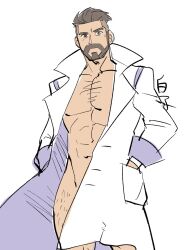 1boy 41raco bara crotch_covered hairy kirupi labcoat male male_only muscles muscular muscular_male open_coat pokemon pokemon_sv professor_turo solo_male teasing