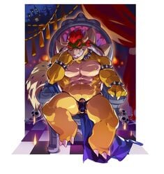 1boy abs anthro balls bowser bulge castle cock_ring crrispy curtains full_body grin looking_at_viewer male male_only mario_(series) muscular nintendo penis sitting skull solo teeth throne