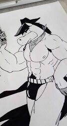 anthro black_and_white bulge chaps cowboy gun hanna-barbera hat horse male male_only monochrome muscular orchidshield quick_draw_mcgraw solo the_quick_draw_mcgraw_show thong topless