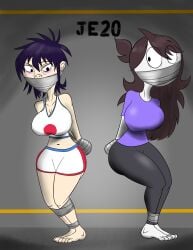 2girls arms_behind_back ass athletic_shorts barefoot bondage bound_arms bound_legs breasts busty clothing crossover damsel_in_distress dolphin_shorts feet female female_only gag gagged gorillaz jaiden jaiden_animations je20 multiple_girls noodle_(gorillaz) noodle_(pac-man) punk_girl round_ass round_butt shorts sportswear tank_top tape tape_gag taped_mouth thick_ass thick_thighs