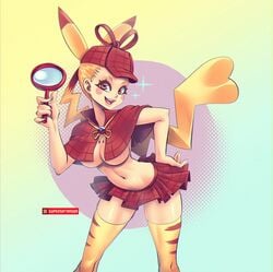 1girls bimbo breasts cleavage detective_pikachu detective_pikachu_(series) female_only hat hourglass_figure human humanized humanized_pokemon looking_at_viewer magnifying_glass nintendo no_bra pikachu pokemon pokemon_detective_pikachu rule_63 shawl skirt smile supersatanson underboob