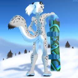 anthro anus ass blue_eyes breasts detailed_background feline female fluffy fluffy_tail fur furry furry_only grey_fur hair hi_res leopard looking_at_viewer looking_back mammal nude outside pink_nose plantigrade pussy ruth66 sky smile snow snow_leopard snowboard solo spots spotted_fur tree white_fur white_hair winter