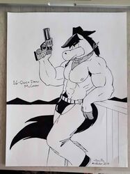 anthro black_and_white bulge chaps cowboy firearm gun handgun hanna-barbera hat horse male male_only monochrome muscular orchidshield quick_draw_mcgraw revolver solo the_quick_draw_mcgraw_show thong topless weapon