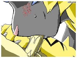 1boy 2018 ambiguous_gender animated anthro biped black_fur black_hair blue_eyes blush claws close-up duo erection eyeless fur furry human human_on_anthro interspecies low_res male mammal nintendo oral oral_penetration penetration penis pokémon_(species) poképhilia pokemon pokemon_usm saliva saliva_drip simple_background vein veiny_penis video_games white_background yellow_fur zeraora zoruken