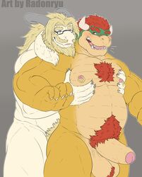 2boys anthro asgore_dreemurr balls bara barazoku beard blonde_hair blue_eyes blush boss_monster bowser breast_grab breasts caprine crossover duo erection facial_hair fur goat grey_background hair hand_on_breast horn long_ears looking_at_another male male_only mammal mario_(series) mature_male moobs multiple_boys nintendo nipple_piercing nipples penis piercing pubic_hair radonryu red_eyes scalie simple_background smile standing teeth testicles tongue undertale video_games white_fur yaoi yellow_fur