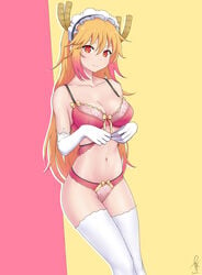 alternate_hairstyle bare_shoulders blonde_hair blush bow bow_bra bow_panties bra breasts cleavage dragon_girl dragon_horns elbow_gloves female female_only frills gloves gradient_hair hair_down highres horns j_adsen large_breasts legs_together long looking_at_viewer maid_headdress miss_kobayashi's_dragon_maid multicolored_hair navel panties pink_bra pink_hair pink_panties red_eyes slit_pupils smile solo standing thighhighs tohru_(dragon_maid) two-tone_background two_tone_hair underwear underwear_only very_long_hair white_gloves white_legwear