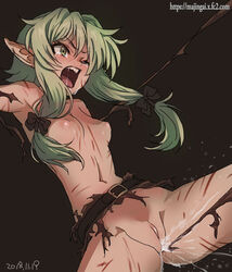 1girls 2018 belt black_background black_bow blood blush bow breasts commentary_request crying crying_with_eyes_open dated elf female female_only ginko_(silver_fox) goblin_slayer green_eyes green_hair hairbow high_elf_archer_(goblin_slayer) injury navel nipples nude one_eye_closed open_mouth peeing pointy_ears pussy saliva sidelocks simple_background small_breasts solo tears text torn_clothes url watermark web_address wet