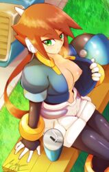 2018 aile arm_support bench blue_jacket bracelet breasts brown_hair can dated drinking_straw eyebrows_visible_through_hair female from_above gloves grass green_eyes hair_between_eyes headwear_removed helmet helmet_removed highres jacket jewelry large_breasts legs_together long_hair looking_to_the_side mega_man mega_man_zx mega_man_zx_advent nipples pocket ponytail puffy_short_sleeves puffy_sleeves robot_ears rockman rockman_zx rockman_zx_advent shiny shiny_clothes short_sleeves shorts shoutaro_saito signature sitting solo spandex third-party_edit white_shorts