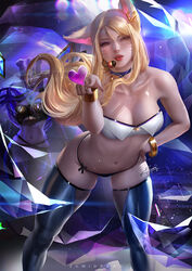ahri alternate_costume blonde_hair breasts cleavage female female_only k/da_ahri k/da_series league_of_legends lipstick looking_at_viewer solo zumi
