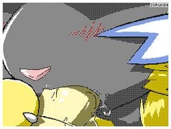 1boy 2018 ambiguous_gender animated anthro biped black_fur black_hair blue_eyes blush claws close-up duo erection eyeless fur furry human human_on_anthro interspecies low_res male mammal nintendo oral oral_penetration penetration penis pokémon_(species) poképhilia pokemon pokemon_usm saliva saliva_drip simple_background veins veiny_penis video_games white_background yellow_fur zeraora zoruken