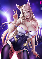 1girls abs ahri alternate_costume big_breasts blonde_hair breasts cleavage female female_only k/da_ahri k/da_series large_breasts league_of_legends lipstick lord_dominik solo text url v watermark