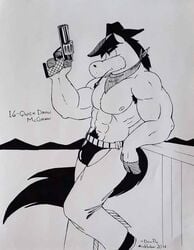 anthro black_and_white bulge chaps cowboy firearm gun handgun hanna-barbera hat horse male male_only monochrome muscular orchidshield quick_draw_mcgraw revolver solo the_quick_draw_mcgraw_show thong topless weapon