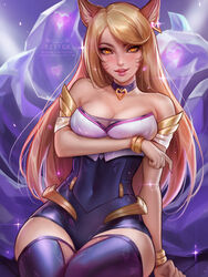 ahri alternate_costume big_breasts blonde_hair breasts cleavage female female_only k/da_ahri k/da_series kittew large_breasts league_of_legends lipstick looking_at_viewer solo thighhighs