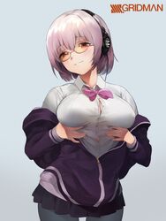 0000_(asd7083) big_breasts clothed female glasses open_clothes open_jacket open_shirt pantyhose pink_eyes pink_hair presenting shinjou_akane solo ssss.gridman uthy