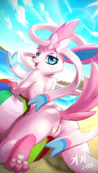 1girls 2019 3_toes anthro anthrofied anus ass back ball beach beach_ball black_nose blue_eyes bow breasts cloud cute_fangs eeveelution feet female female_only fluffy fluffy_ears fluffy_tail fur furry gloves_(marking) half-closed_eyes inviting kikisnowpaw looking_at_viewer looking_back markings nintendo nude pawpads paws pink_ears pink_fur pink_pawpads pink_tail pokémon_(species) pokemon pokemon_(species) pokemon_xy presenting presenting_pussy pussy raised_tail rear_view ribbons sand sea seaside sky snout socks_(marking) solo sylveon text toes tongue video_games water watermark white_fur