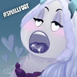 2018 ahe_gao anthro blue_eyes blush cum cum_inside cum_on_tongue fandomtopia_(artist) female first_porn_of_franchise fur hair horn jewelry looking_pleasured mammal meechee necklace open_mouth simple_background smallfoot solo tongue tongue_out white_fur yeti