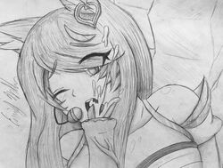 ahri ahri_a_walla alternate_costume black_and_white clothing cum cumshot fox_ears fox_tail horsecock jewelry k/da_ahri k/da_series league_of_legends one_eye_closed straight surprised traditional_media_(artwork)