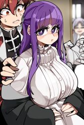 1boy 2girls absurd_res big_breasts blush bongfillstudent character_in_background female female_focus fern_(sousou_no_frieren) frieren long_hair looking_back male multiple_girls pout purple_eyes purple_hair red_eyes red_hair sousou_no_frieren stark_(sousou_no_frieren) sweatdrop