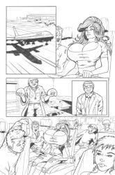 1000_ways_to_die airplane belly_button black_and_white breast_expansion breast_implants breasts cleavage comic comic_page connie_(1000_ways_to_die) decompression female implants male official_art paul_abtruse people_in_background textless_version visible_implants