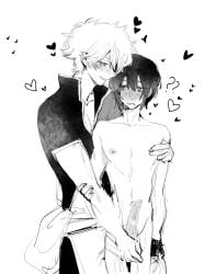 2boys ? blush clothed_male_nude_male crotch_grab drooling erection gay gintama gintoki_sakata heart heart-shaped_pupils klainkururu looking_at_another male male_only monochrome nipple_pinch nipple_tweak nude nude_male penis popped_collar screentone smile takasugi_shinsuke tears twink yaoi