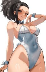 1girls absurd_res black_hair bowtie breasts bunnysuit collar female_only hi_res leotard looking_at_viewer momo_yaoyorozu my_hero_academia ponytail solo solo_female sweat sweaty_armpits tail white_background wrist_cuffs zd_(pixiv6210083)