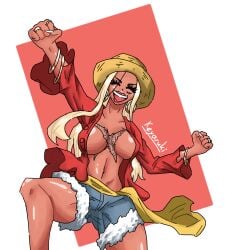 1girls accessory big_breasts big_smile blonde_female blonde_hair brittany_(fellatrix) clenched_hand eyelashes fellatrix female female_only genderswap_(mtf) hotpants inner_sideboob keyaruki lipstick long_eyelashes long_fingernails long_hair makeup monkey_d_luffy_(cosplay) one_piece open_clothes open_jacket open_shirt pink_lipstick red_topwear rule_63 scar simple_background skinny smile straw_hat tan_body tan_skin thick_lips thick_thighs