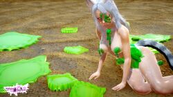 female female_only fox_humanoid foxgirl kuuri long_hair no_clothing no_underwear nude nude_female riaykuras_playground slime_(substance) solo whisker_markings white_hair white_hair_female