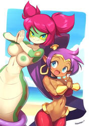 2girls arabian_clothes bare_shoulders blue_eyes breasts dark_skin female female_only green_nipples green_skin harem_pants highres lamia large_breasts long_hair midriff monster_girl multiple_girls navel nestkeeper open_mouth pants ponytail purple_hair pussy red_hair shantae shantae:_half-genie_hero shantae_(character) smile smooth_skin snake third-party_edit tuki_(shantae) twintails very_long_hair yellow_sclera