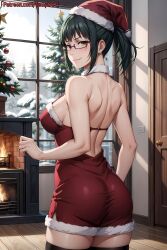 1girls ai_generated artist_name backless_dress backless_outfit big_ass breasts christmas christmas_clothing christmas_headwear christmas_outfit female female_only glasses green_hair headwear indoors jujutsu_kaisen looking_at_viewer looking_back looking_back_at_viewer nai_diffusion patreon_username ponytail presenting presenting_ass revealing_clothes round_ass santa santa_costume santa_hat sideboob skimpy skimpy_clothes solo stable_diffusion standing temptart text url watermark web_address yellow_eyes zenin_maki