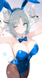 1girls 2d big_breasts blue_eyes blush bowtie breasts bunny_ears bunnysuit gloves hands_up large_breasts senran_kagura silver_hair solo wink yaegashi_nan yumi_(senran_kagura)