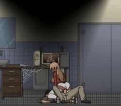 1boy 1girls big_penis blonde_hair clothed clothed_sex cowgirl_position crimson_bird cum cum_in_pussy cum_inside dark-skinned_female female game_cg interracial light-skinned_male lustful_spirit_hunt male riding riding_penis sex vaginal_penetration white_panties