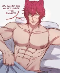 abs animal_ears bed big_pecs blanket chest heartsteel_series heartsteel_sett large_pectorals league_of_legends looking_at_viewer male male_focus male_only muscular muscular_male nipples pecs pectorals sett solo solo_focus solo_male text