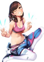 1girls ;d ataruman boots bra breasts brown_hair cleavage clothes_down company_name d.va facepaint female full_body grin groin highres looking_at_viewer medium_breasts navel one_eye_closed open_mouth overwatch overwatch_2 panties pilot_suit pink_bra pink_panties shiny shiny_skin simple_background skin_tight smile solo sports_bra stomach sweat sweatdrop sweating teeth thigh-highs thigh_boots underwear undressing whisker_markings white_background