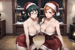 2girls ai_generated artist_name asymmetrical_docking bangs bare_shoulders belt big_breasts breast_press breasts brown_eyes brown_hair christmas christmas_clothing christmas_headwear christmas_outfit cleavage closed_mouth clothed clothing collarbone curvaceous curvy dress erect_nipples erect_nipples_under_clothes female female_only glasses green_hair headwear hips hourglass_figure indoors jujutsu_kaisen kugisaki_nobara lamp large_breasts legwear light-skinned_female light_skin lips long_hair looking_at_viewer multiple_girls nai_diffusion night night_sky nipples parted_lips patreon_username ponytail revealing_clothes santa_costume santa_hat seductive_smile skimpy skimpy_clothes smile snow stable_diffusion stockings strapless strapless_dress temptart text thighhighs thighs under-rim_eyewear url watermark web_address wide_hips window yellow_eyes zenin_maki