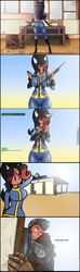 1boy 1girls armor ass big_ass big_breasts black_hair bodysuit breasts cat_ears catgirl comic dark-skinned_female dark_skin fallout female gear-boy human large_breasts male pip-boy power_armor power_armor_(fallout) red_hair rust text thick_thighs thigh_gap vault_girl vault_suit watermark