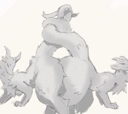 2020 all_fours anthro belly_nipples dragon duo entwined_tails female female/female fur furred_dragon grey_body grey_ears grey_fur grey_horn hi_res horn monotone_body monotone_fur simple_background tail tail_coil thorn_paw white_background wingless_dragon