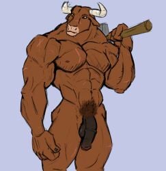 abs anthro balls biceps bovid bovine casual_nudity cattle european_mythology flaccid fur genitals greek_mythology hi_res horn humanoid_hands leo_sus_art male mammal manly minotaur muscular muscular_anthro muscular_male mythology navel nipples nude penis simple_background solo solo_focus