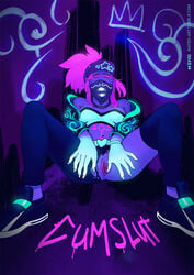 akali alternate_costume blacklight female fluorescent_light half_naked k/da_akali k/da_series league_of_legends mayoo pink_hair pussy spread_legs strapless strapless_top strapless_topwear text tubetop