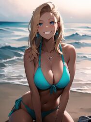 1girls ai_generated ai_mirror beach belly_button blonde_hair blue_bikini blue_eyes blush light_skin long_hair looking_at_viewer medium_breasts necklace on_knees sea seaside smile tanned_skin wave