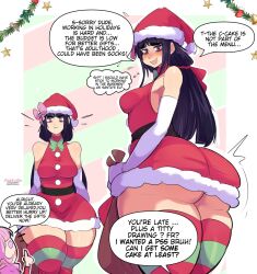 1girls ass big_ass breasts bubble_butt christmas dat_ass dialogue english_text female hime_cut huge_ass light-skinned_female light_skin long_hair medium_breasts original original_character pinkkoffin purple_eyes purple_hair santa_costume santa_hat skirt wide_hips