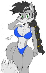 1girls akatsukishiranui-fox alluring anthro big_breasts bikini black_hair cleavage green_eyes grey_fur lupe_the_wolf pin_up posing sega sonic_(series)