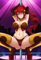 1girls ai_generated arm_gloves armlet circlet corset fit fit_female gloves gorget green_eyes happy high_ponytail long_hair looking_at_viewer platform_heels ponytail pyrrha_nikos red_hair rwby sidelocks smile solo solo_female strip_club stripper stripper_pole tagme thighhighs thong wink winking_at_viewer