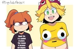 2girls absurd_res amitie arle_nadja big_breasts blonde_hair border chubby chubby_female drivojunior emoji flushed_emoji_shirt green_eyes happy looking_at_viewer madou_monogatari meme meme_clothing orange_hair puyo_puyo puyo_puyo_fever simple_background slightly_chubby slightly_chubby_female small_breasts smile smile_at_viewer staring staring_at_breasts text white_border