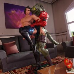 2boys aj_(aj_racer95) aj_racer95 anal hybrid_(fortnite) interspecies leg_lift male_focus male_only smile thrusting yaoi