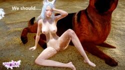 3d animal_humanoid bestiality big_breasts cat_tail cum_on_body cum_on_breasts cum_on_face female_on_feral fox_ears fox_girl fox_humanoid foxgirl kuuri long_hair nude nude_female riaykuras_playground whisker_markings white_hair white_hair_female zoophilia